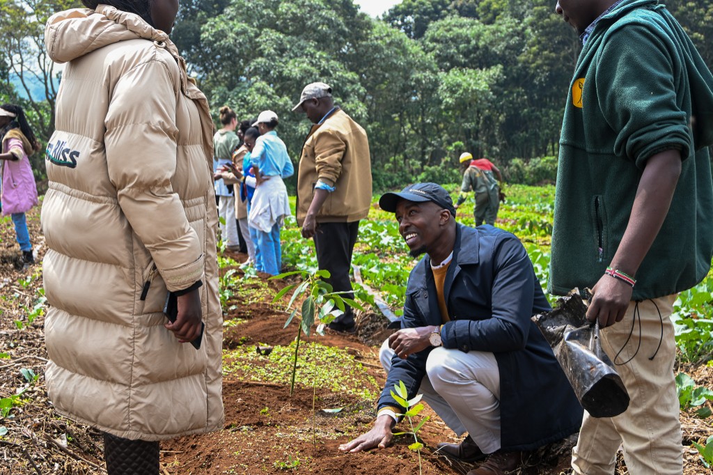 Visitor kneeling beside a sapling while talking with others in the field