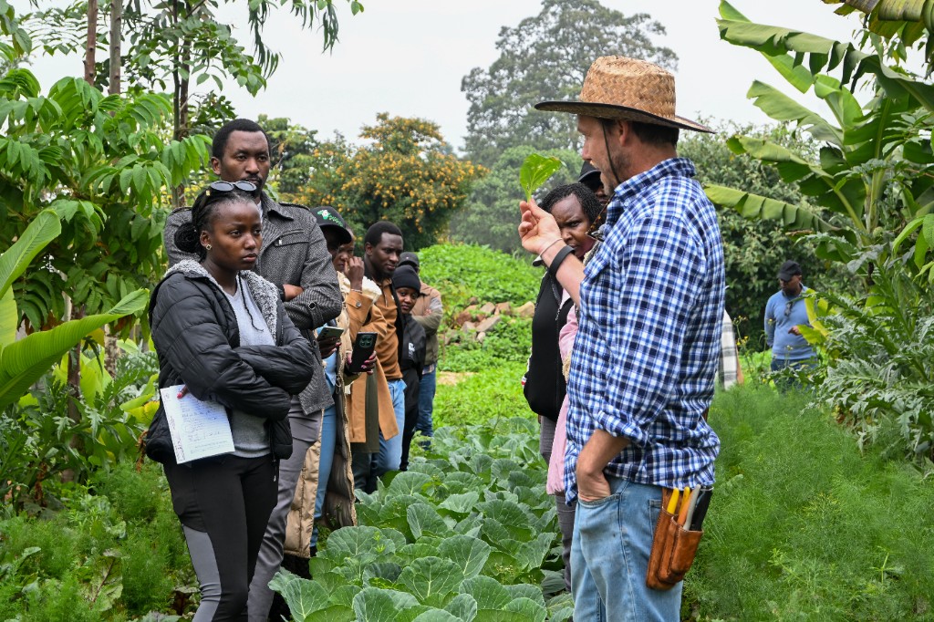 Farm host holding up a green leaf while visitors take notes in the field